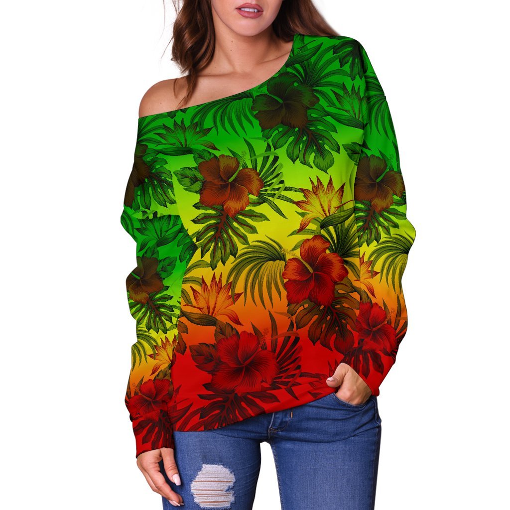 Polynesian Women's Off Shoulder Sweater - Reggae Hibiscus Patterns - Polynesian Pride