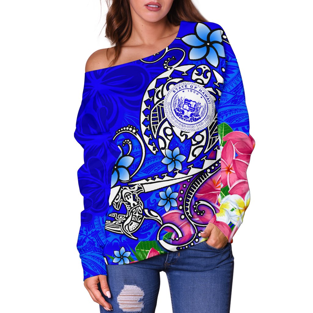 Hawaii Polynesian Women's Off Shoulder Sweater - Hawaii Seal With Turtle Plumeria (Blue) - Polynesian Pride