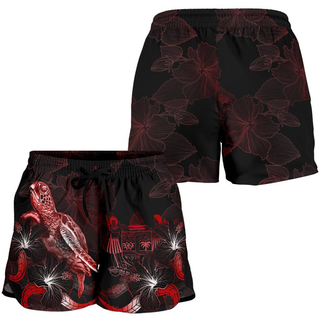 Fiji Polynesian Women's Shorts - Turtle With Blooming Hibiscus Red - Polynesian Pride