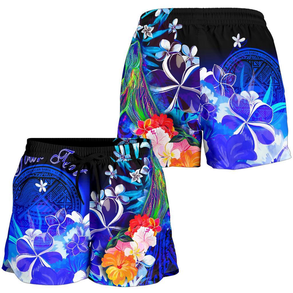 American Samoa Polynesian Custom Personalised Women's Shorts - Humpback Whale with Tropical Flowers (Blue) - Polynesian Pride