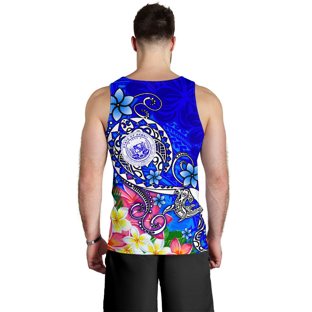 Hawaii Polynesian Men's Tank Top - Hawaii Seal With Turtle Plumeria (Blue) - Polynesian Pride