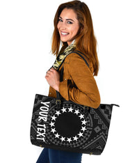 Cook Island Personalised Large Leather Tote Bag - Seal With Polynesian Tattoo Style ( Black) - Polynesian Pride