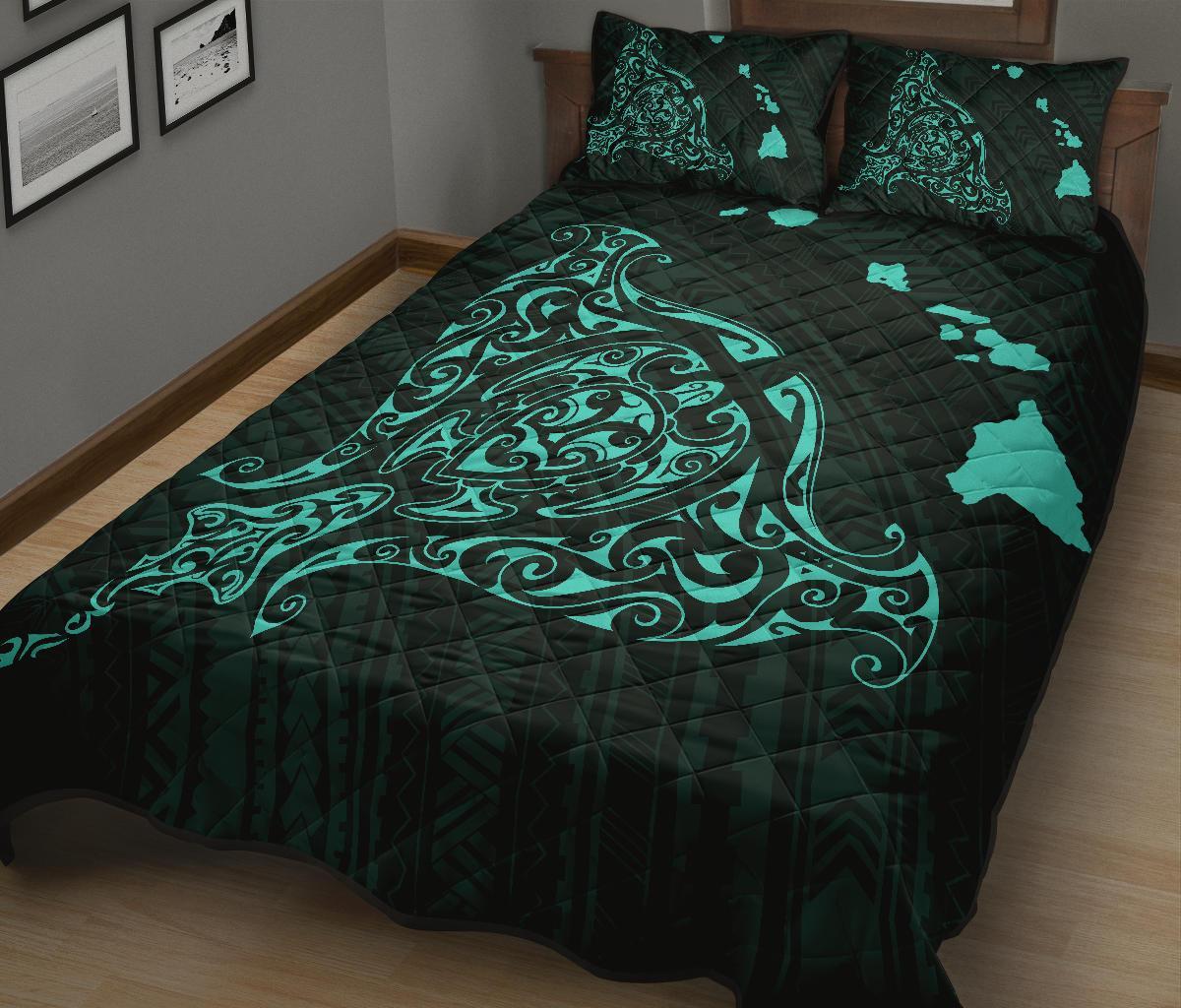 Rays Hawaii Map Polynesian Quilt Bed Set - Turquoise - Polynesian Pride