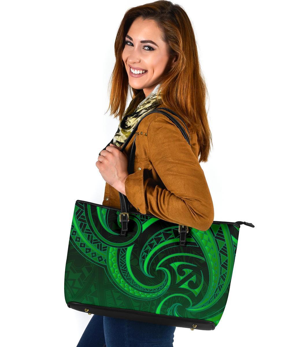 New Zealand Maori Mangopare Large Leather Tote Polynesian - Green - Polynesian Pride