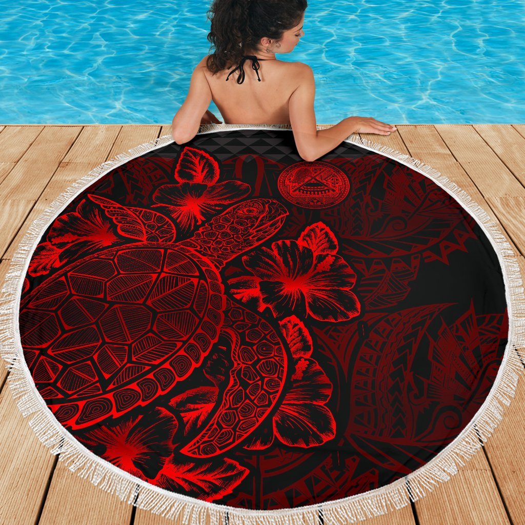 American Samoa Polynesia Beach Blanket Turtle Hibiscus Red - Polynesian Pride