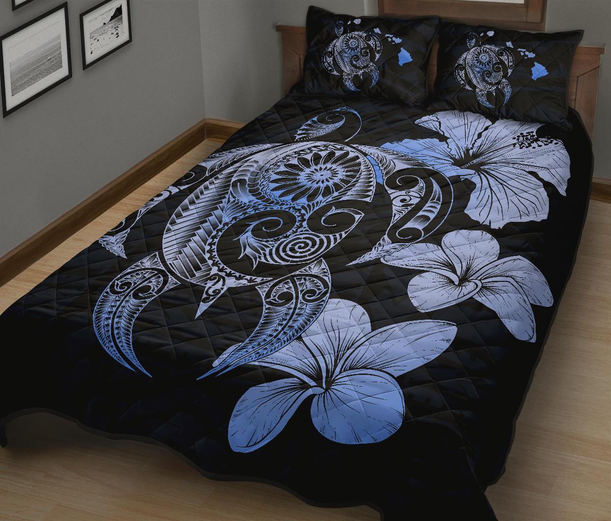 Hibiscus Plumeria Mix Polynesian Blue Turtle Quilt Bed Set - Polynesian Pride