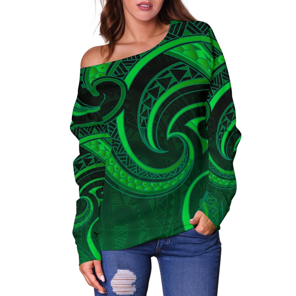 New Zealand Maori Mangopare Women Off Shoulder Sweater Polynesian - Green - Polynesian Pride