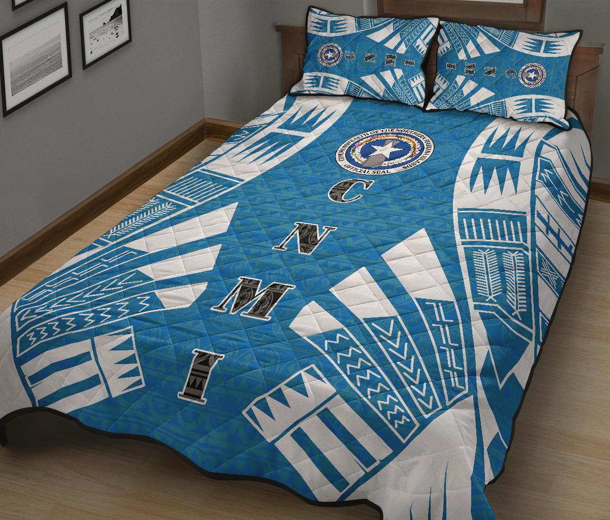 Northern Mariana Islands Quilt Bed Set - Northern Mariana Islands Seal & Polynesian White Tattoo Style - Polynesian Pride