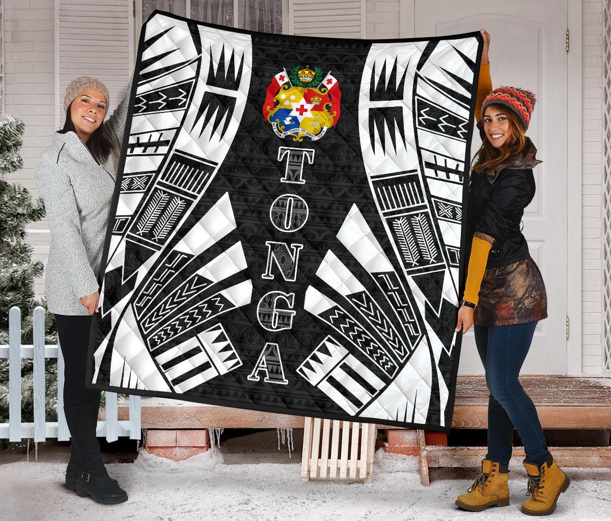 Tonga Premium Quilt - Tonga Coat Of Arms Polynesian White Tattoo (Black) - Polynesian Pride