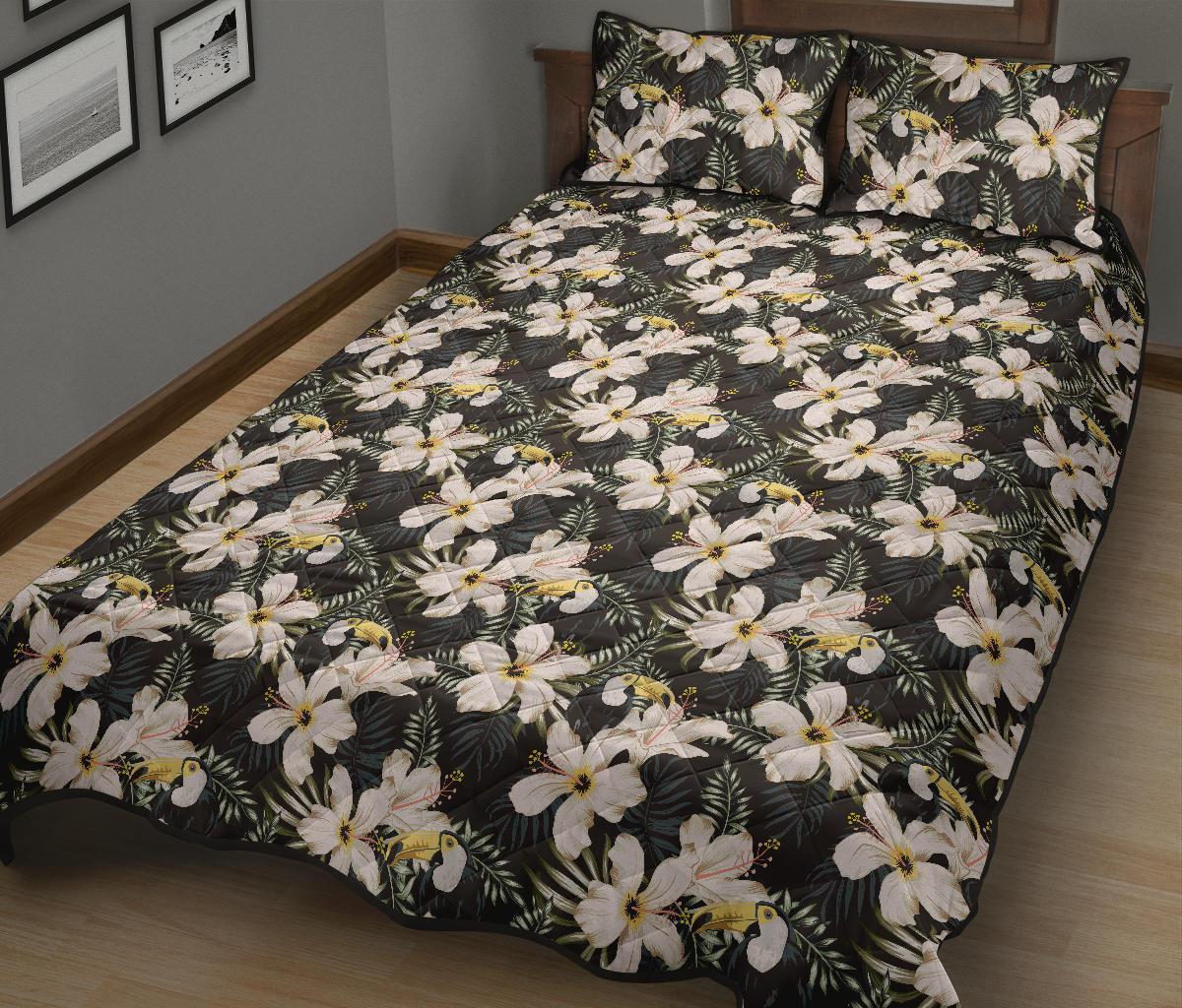 Tropical Toucans Hibiscus Palm Leaves Quilt Bed Set - Polynesian Pride