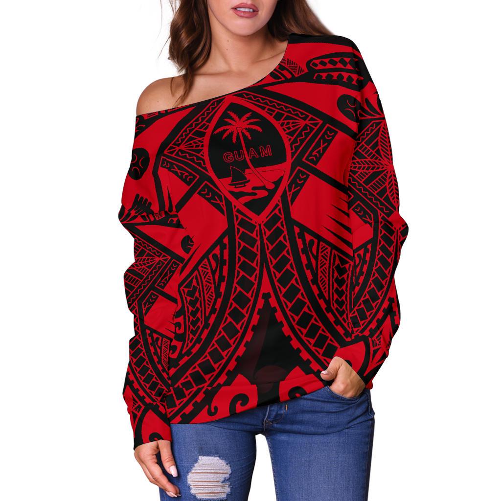 Guam Polynesian Women's Off Shoulder Sweater - Red Guam Coat Of Arms Polynesian Tattoo - Polynesian Pride