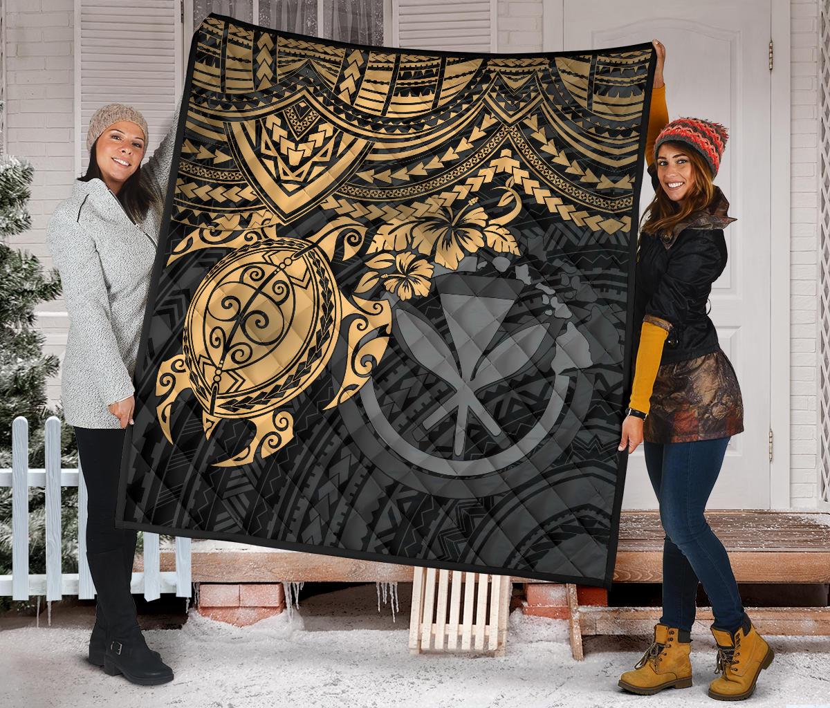 Hawaii Polynesian Premium Quilt - Kanaka Maoli & Gold Turtle Hibiscus - Polynesian Pride