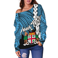 Fiji Polynesian Custom Personalised Women's Off Shoulder Sweater - Tribal Wave Tattoo Flag Style - Polynesian Pride