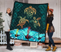 Hawaii Map Turtle Hibiscus Polynesian Luxury Premium Quilt - Honu Ohana - Polynesian Pride