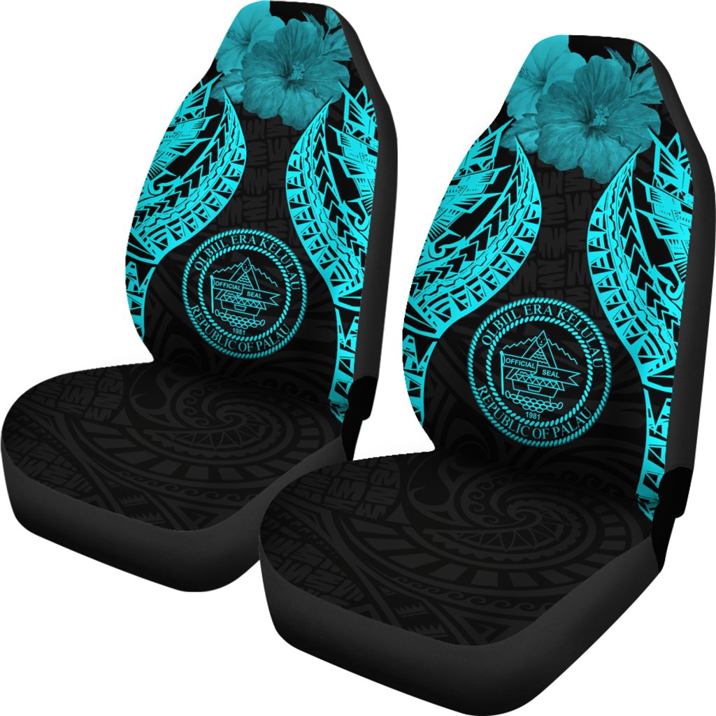 Palau Polynesian Car Seat Covers Pride Seal And Hibiscus Neon Blue - Polynesian Pride