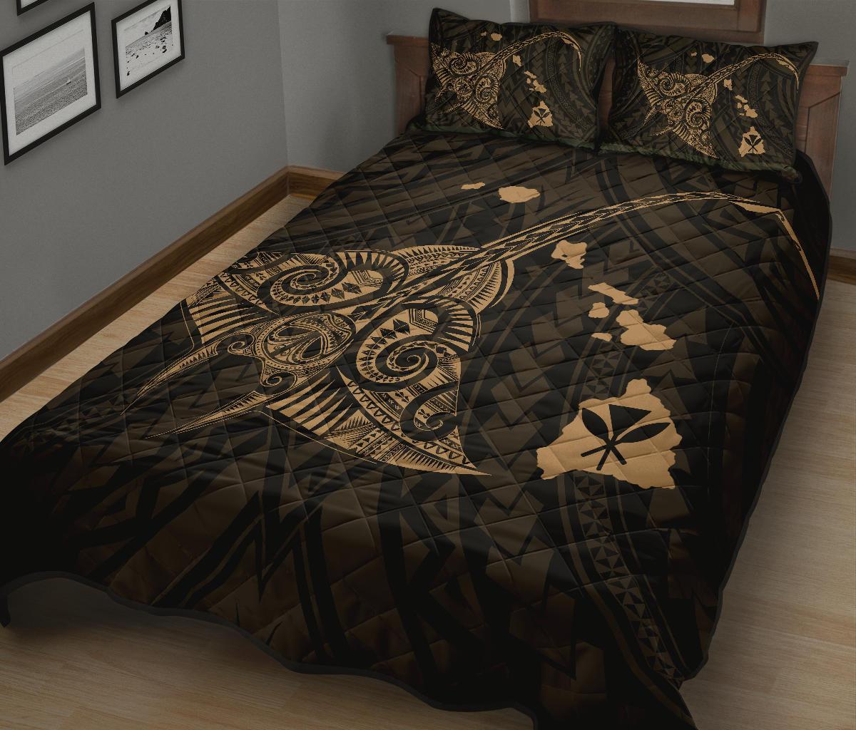 Hawaii Manta Ray Map Polynesian Gold Quilt Bed Set - Polynesian Pride