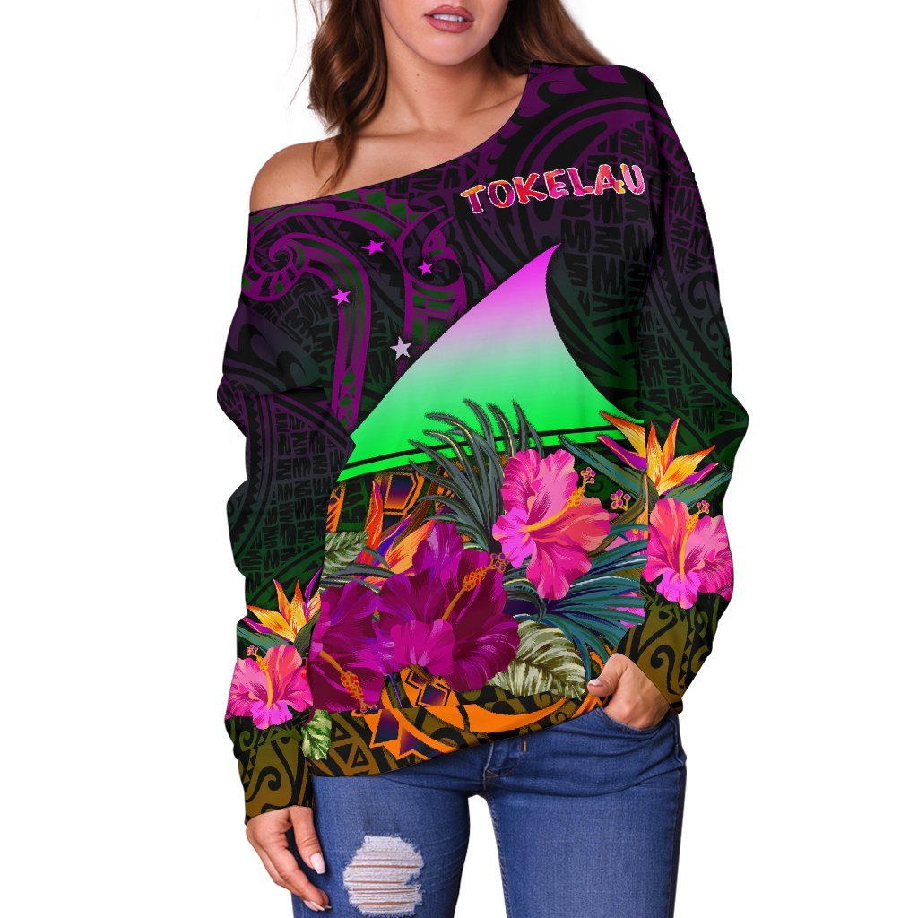 Tokelau Women's Off Shoulder Sweater - Summer Hibiscus - Polynesian Pride