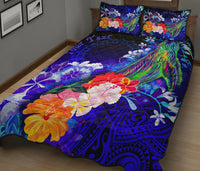 Cook Islands Custom Personalised Quilt Bed Set - Humpback Whale with Tropical Flowers (Blue) - Polynesian Pride