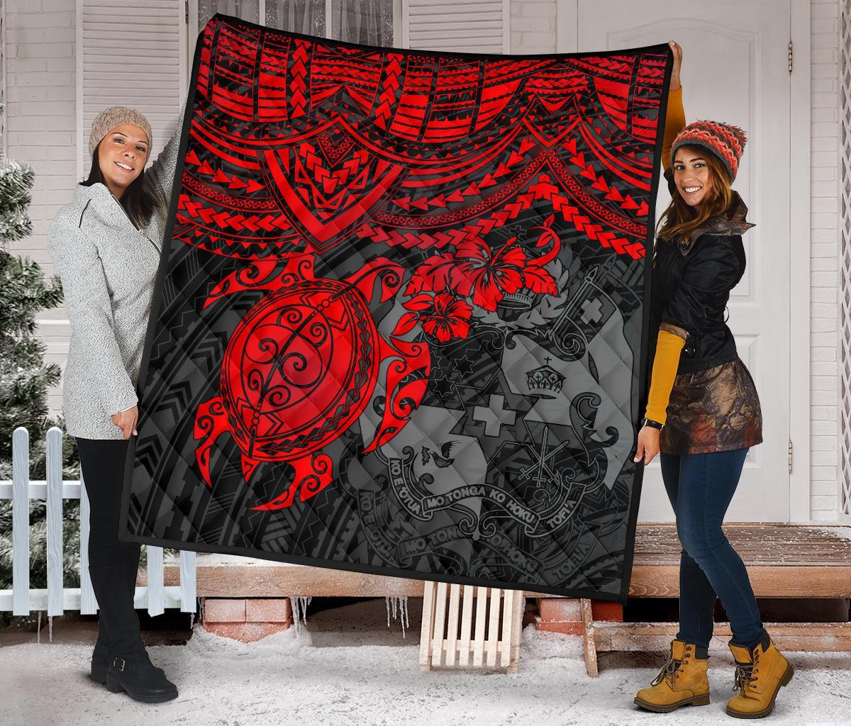 Tonga Polynesian Premium Quilts - Tonga Coat Of Arms & Red Turtle Hibiscus - Polynesian Pride