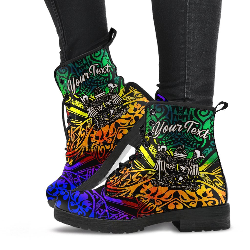 Fiji Custom Personalised Leather Boots - Rainbow Polynesian Pattern Crest - Polynesian Pride