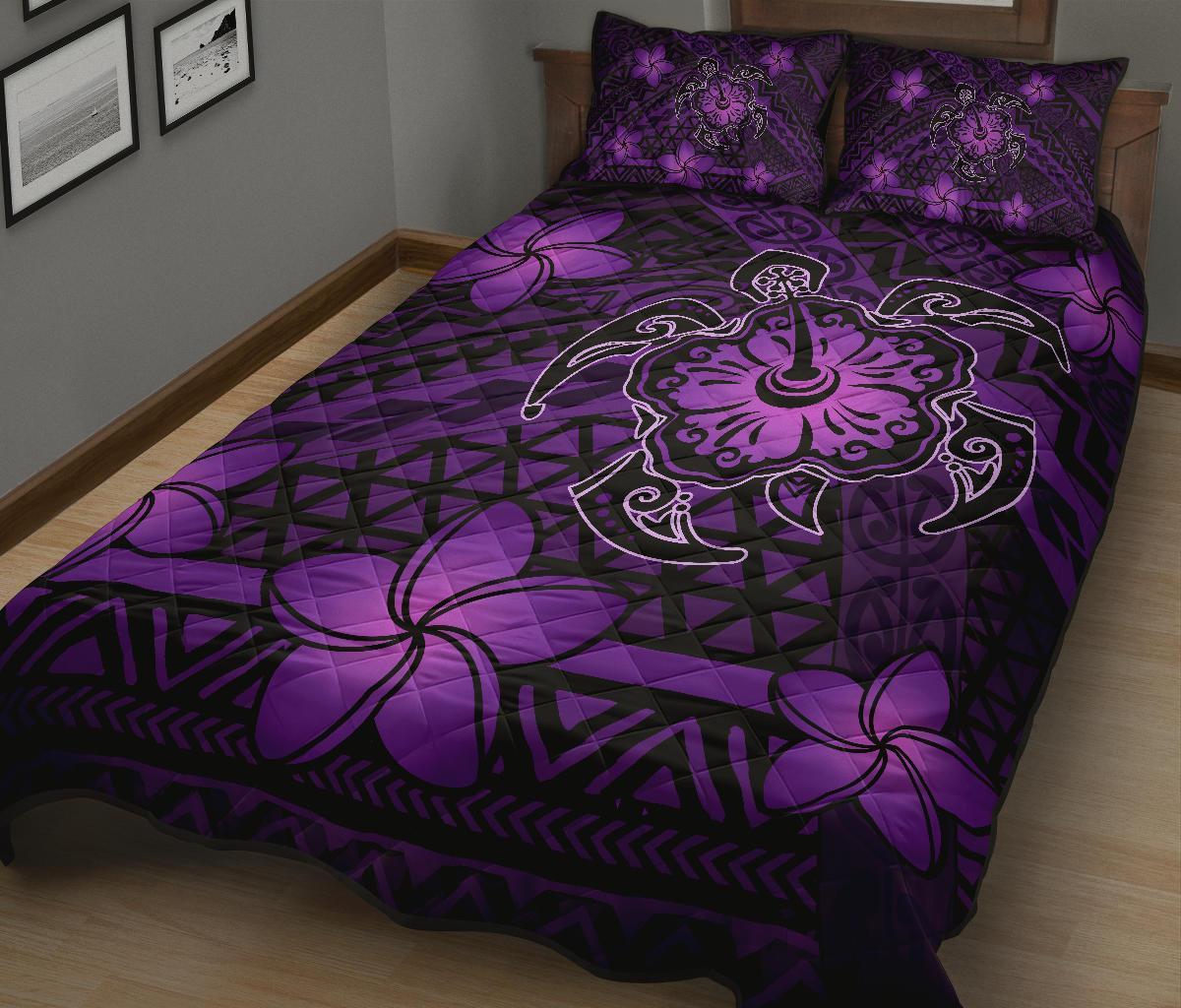 Hawaii Mix Polynesian Turtle Plumeria Quilt Bed Set - AH - Nick Style - Purple - Polynesian Pride
