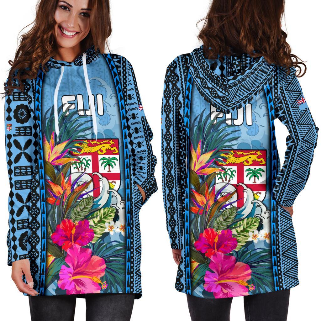 Fiji Women'S Hoodie Dress Coat Of Arms Polynesian With Hibiscus And Waves - Polynesian Pride