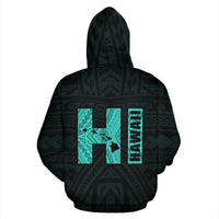 Polynesian Kakau Kanaka Map of Hawaii Hoodie Turquoise - Polynesian Pride