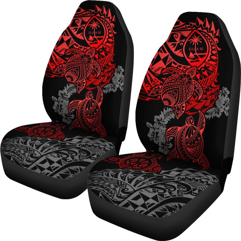 Guam Car Seat Covers - Guam Coat Of Arms Red Turtle & Gray Hibiscus - Polynesian Pride