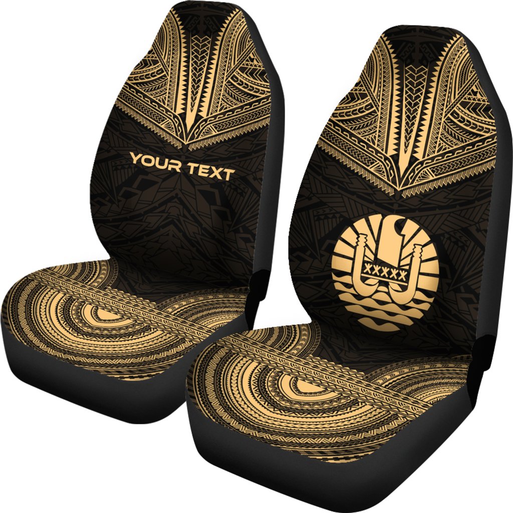 Tahiti Custom Personalised Car Seat Cover - Tahiti Flag Polynesian Chief Tattoo Gold Version - Polynesian Pride