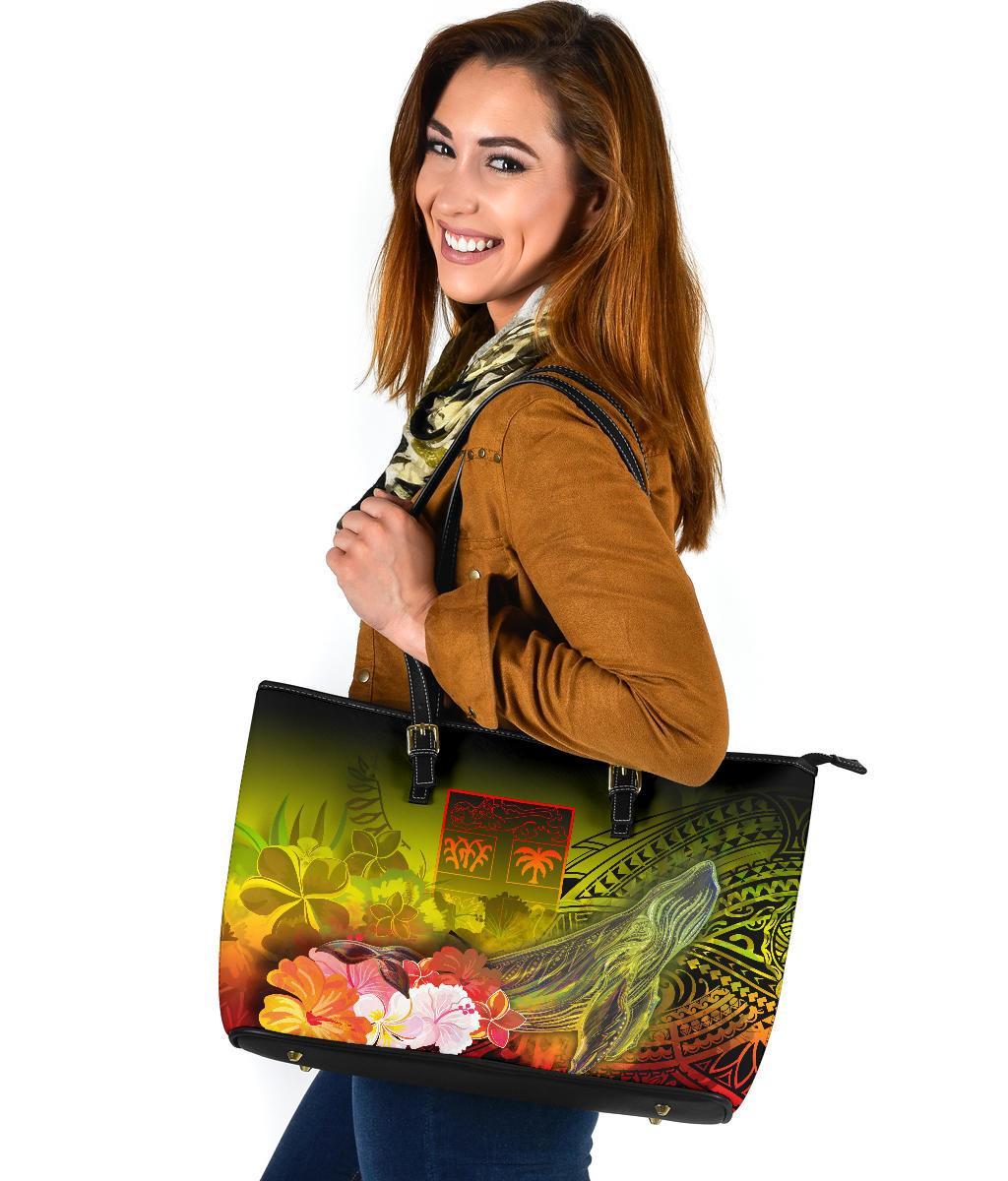 Fiji Large Leather Tote Bag - Humpback Whale with Tropical Flowers (Yellow) - Polynesian Pride