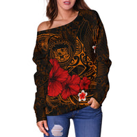 Polynesian Hawaii Off Shoulder Sweater - Humpback Whale with Hibiscus (Golden) - Polynesian Pride