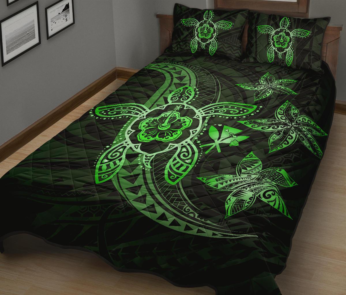 Kanaka Map Hibiscus Plumeria Turtle Art Green Polynesian Quilt Bed Set - Polynesian Pride