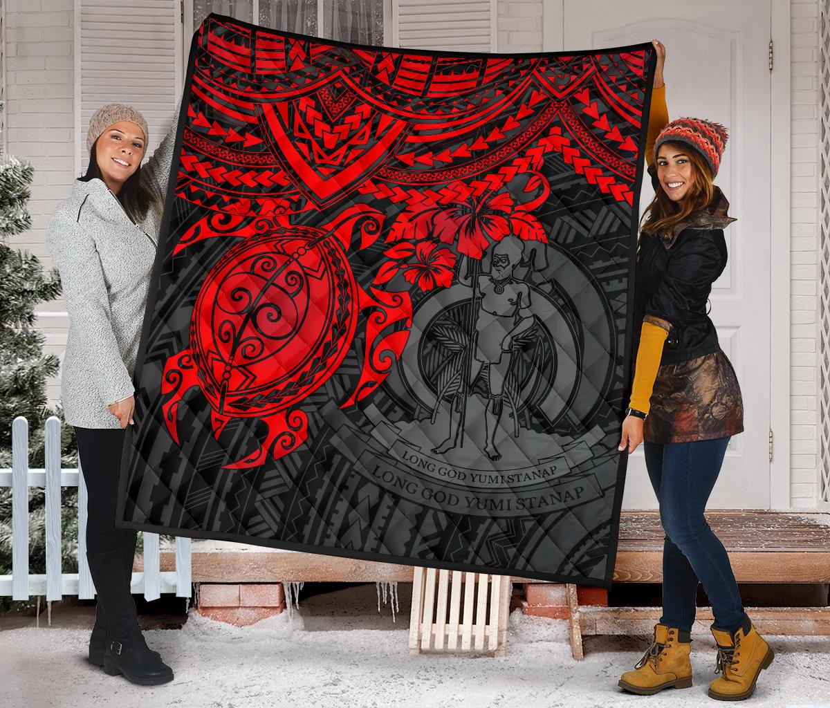Vanuatu Polynesian Premium Quilt - Vanuatu Coat Of Arms & Red Turtle Hibiscus - Polynesian Pride