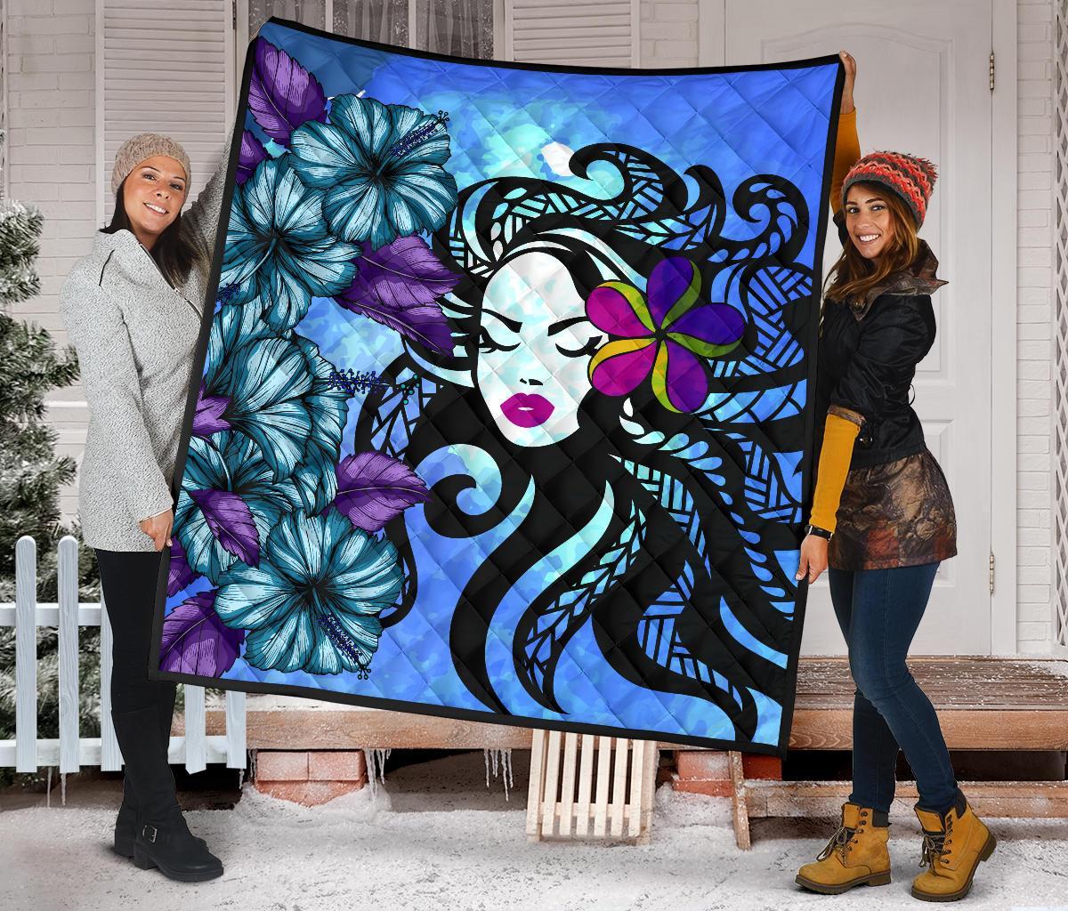 Hawaiian Hibiscus Polynesian Hula Girl Premium Quilt - Polynesian Pride