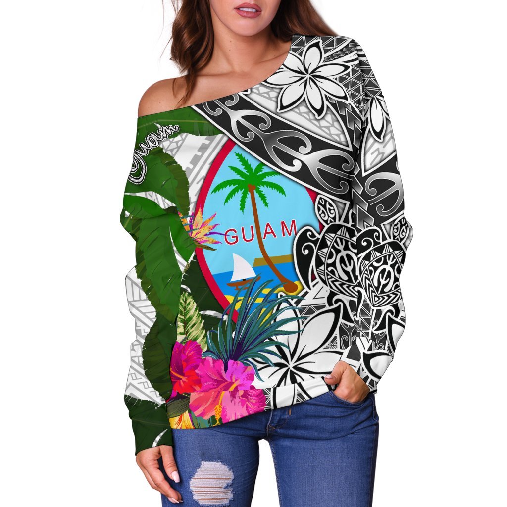 Guam Women's Off Shoulder Sweater White - Turtle Plumeria Banana Leaf - Polynesian Pride