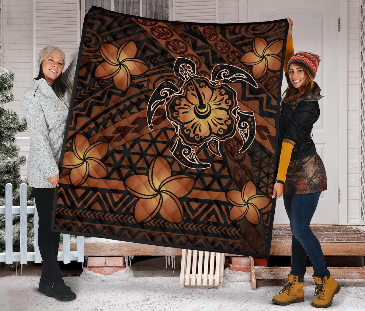 Hawaii Mix Polynesian Turtle Plumeria Premium Quilt - AH - Nick Style - Orange - Polynesian Pride