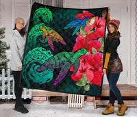 Hawaii Turtle Wave Hibiscus Premium Quilt - Unia Style - Polynesian Pride