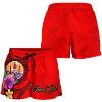 Tahiti Polynesian Custom Personalised Women's Shorts - Floral With Seal Red - Polynesian Pride