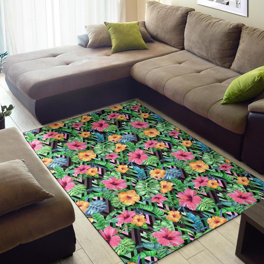Tropical Hibiscus Banana Leafs Rug - Polynesian Pride