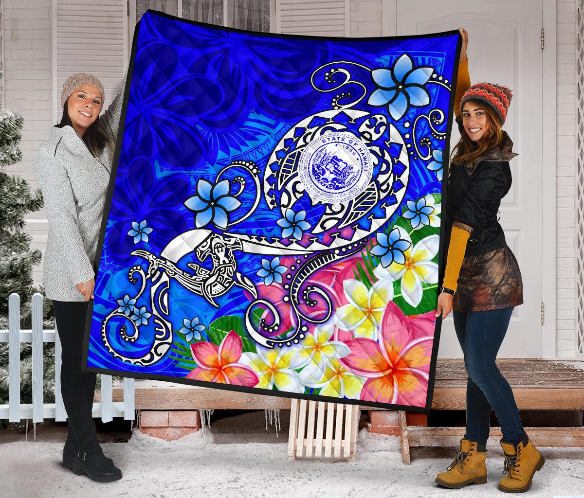 Hawaii Polynesian Premium Quilt - Hawaii Seal With Turtle Plumeria (Blue) - Polynesian Pride