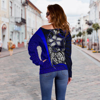 Yap Micronesia Women Off Shoulder Sweater Blue - Turtle With Hook - Polynesian Pride