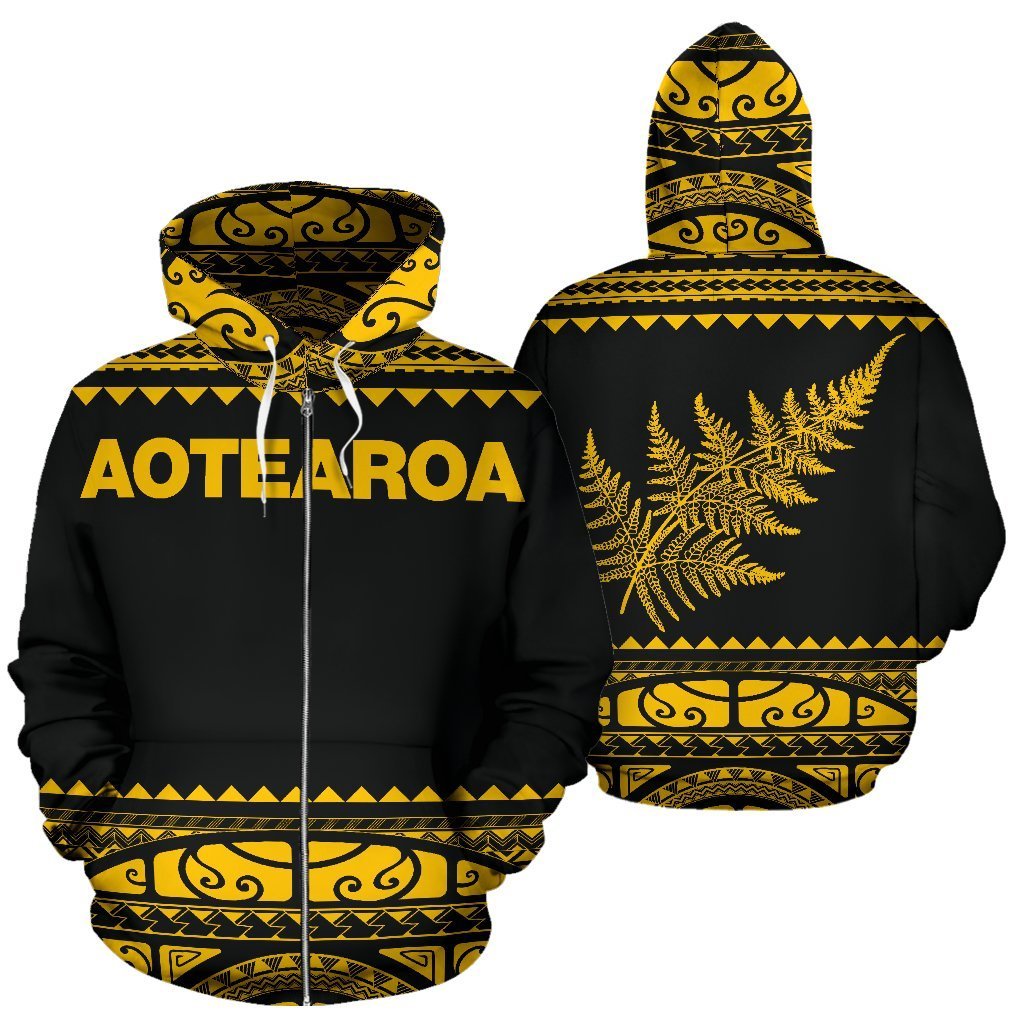 New Zealand Maori Zip up Hoodie, Aotearoa Silver Fern Zipper Hoodie Yellow Unisex Yellow - Polynesian Pride