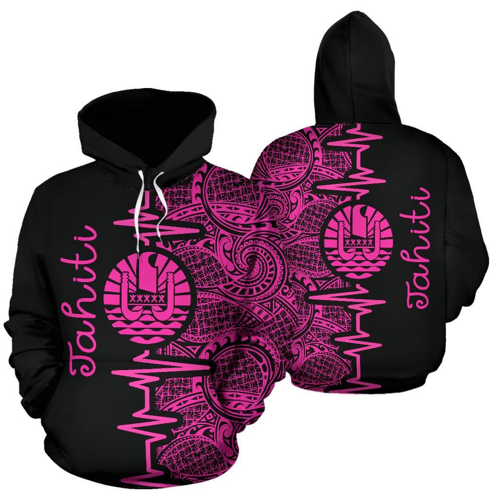 Tahiti Polynesian Hoodie Tahiti Flag Heartbeat Pattern Pink Version TH0 Unisex Pink - Polynesian Pride