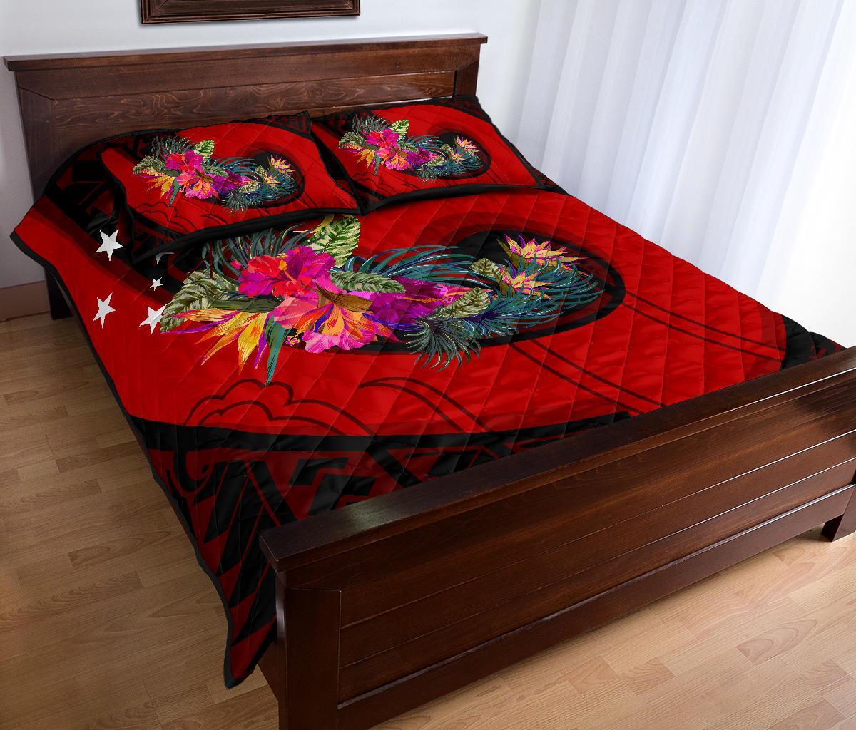 Papua New Guinea Quilt Bed Set - Polynesian Hook And Hibiscus (Red) - Polynesian Pride