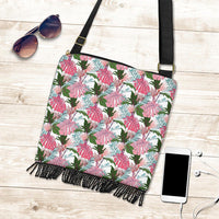Hawaii Pink Monstera And Green Tropical Leaves White Crossbody Boho Handbag - Polynesian Pride