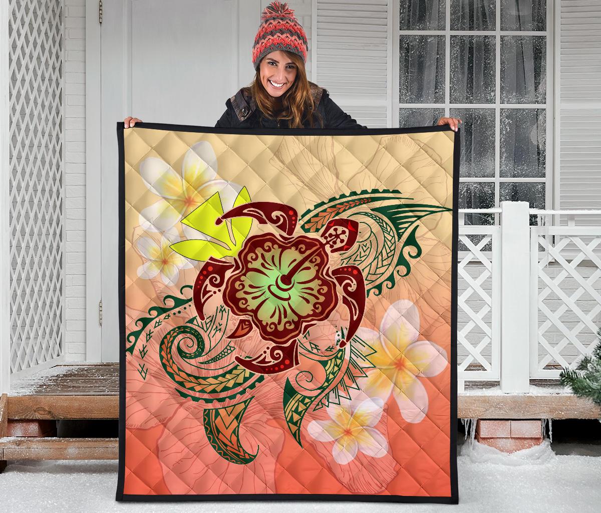 Hawaii Turtle Kanaka Plumeria Hibiscus Premium Quilt - Kity Style - AH - Polynesian Pride