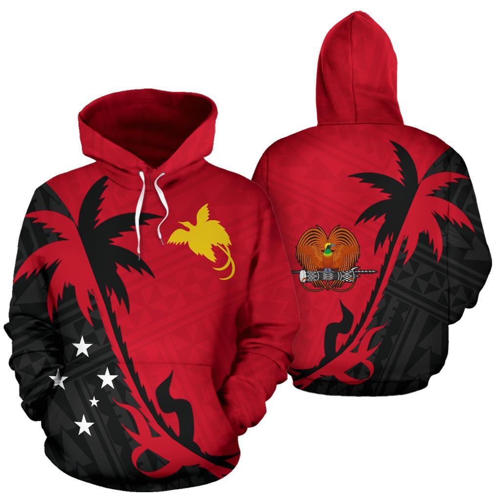 Papua New Guinea Hoodie Papua New Guinea Flag Coat of Arms Coconut Tree Unisex Red - Polynesian Pride