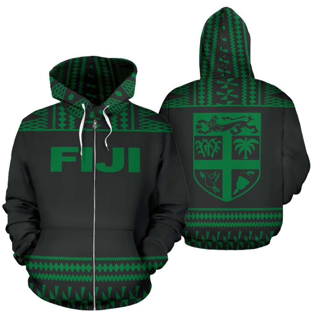 Fiji Tapa All Over Zip up Hoodie Green and Black Version Unisex Green And Black - Polynesian Pride
