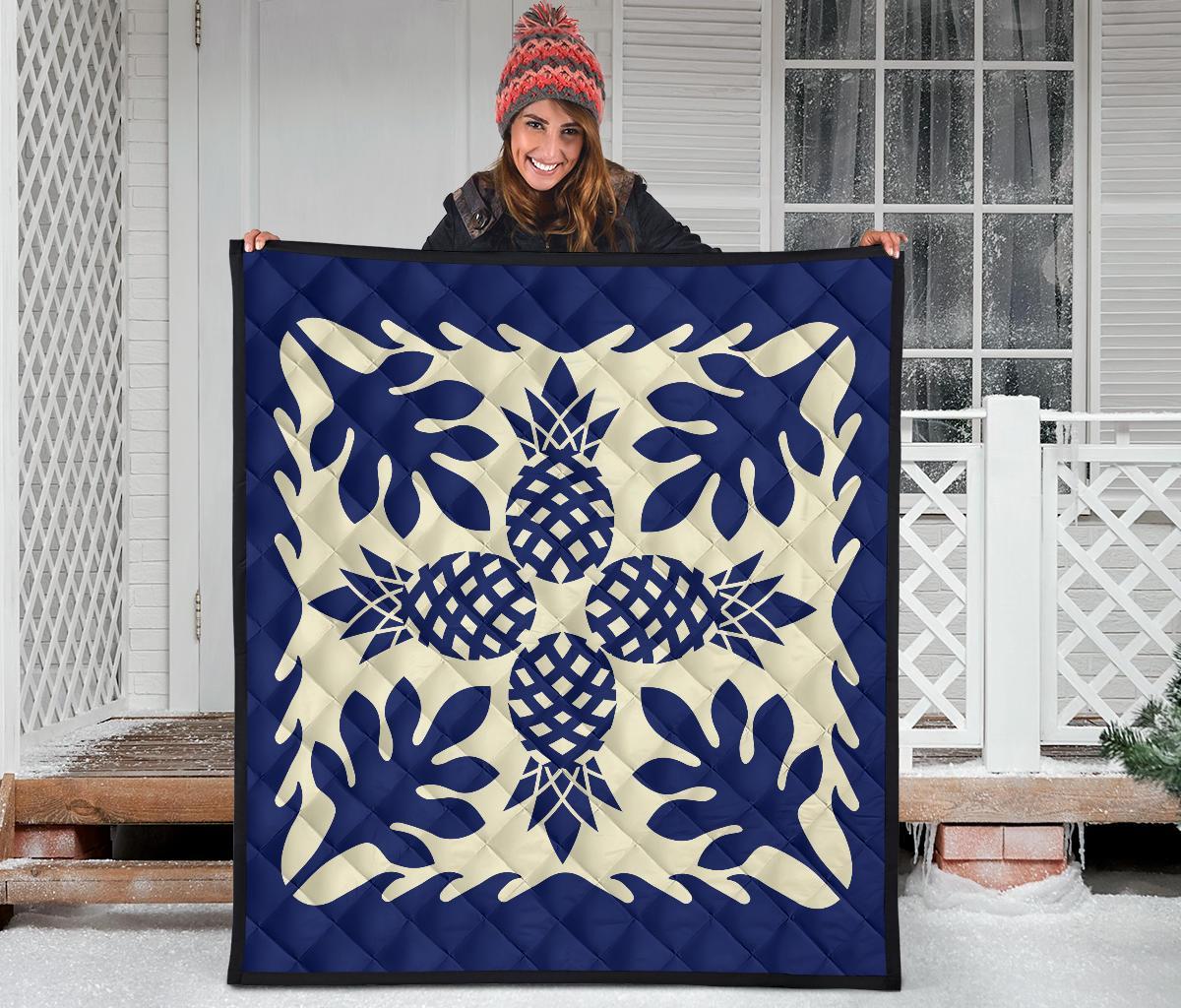 Hawaiian Pineapple Tropical Pattern Premium Quilt - Blue - Argu Style - AH - Polynesian Pride