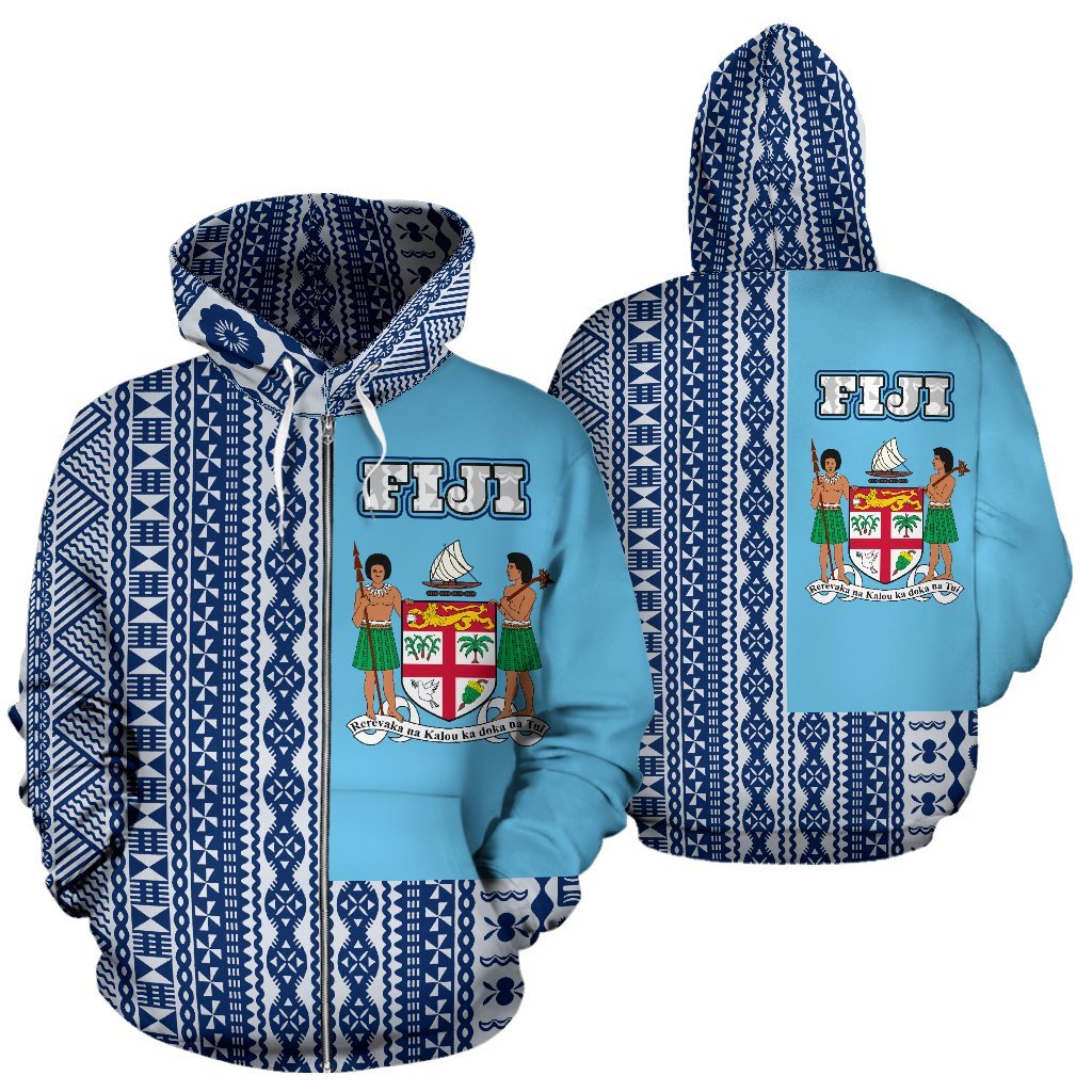 Fiji Tapa Hoodie Fiji Coat of Arms Half Unisex Blue - Polynesian Pride